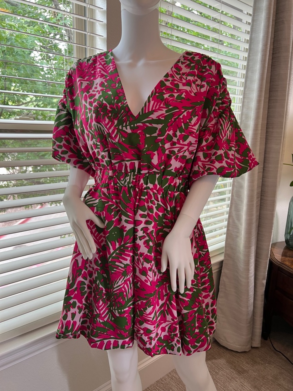 Vibrant Pink & Green Floral V-Neck Women’s Dress